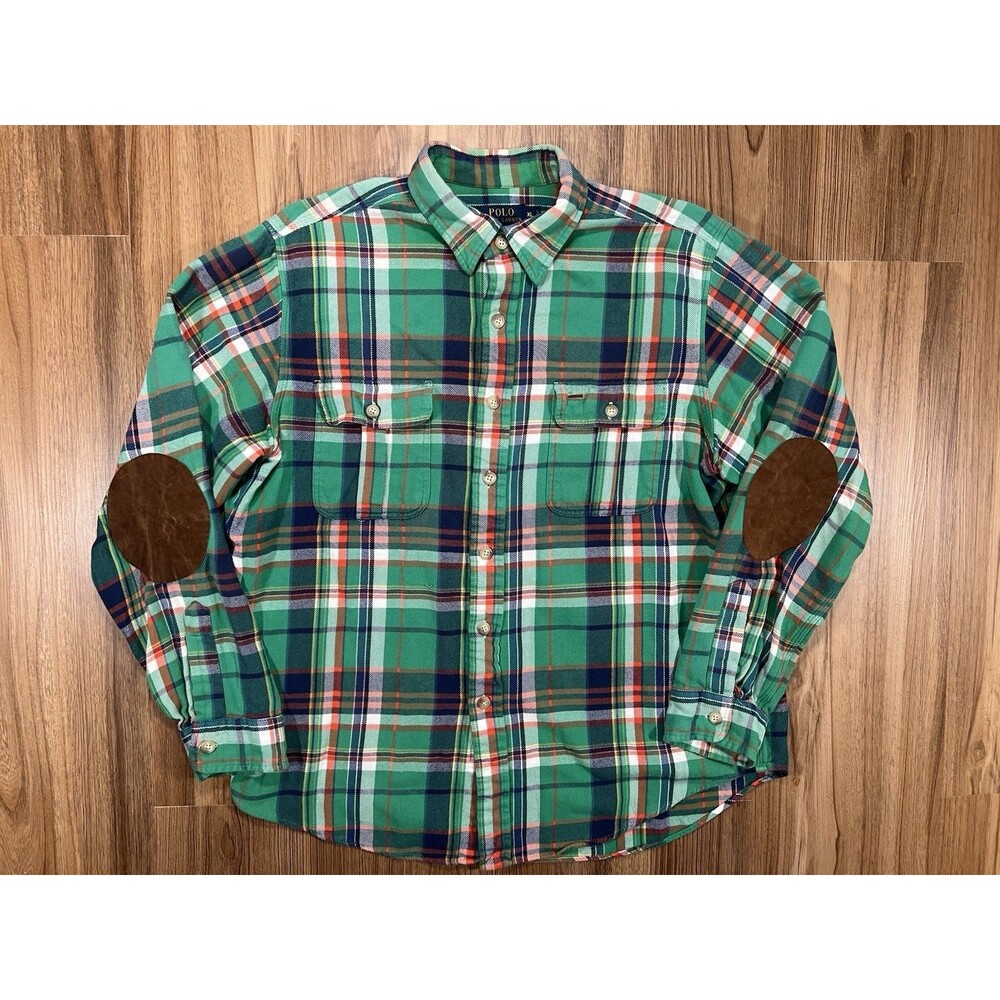 Polo Ralph Lauren Green Ranch Plaid Suede Elbow Patch Flannel Shirt Mens XL